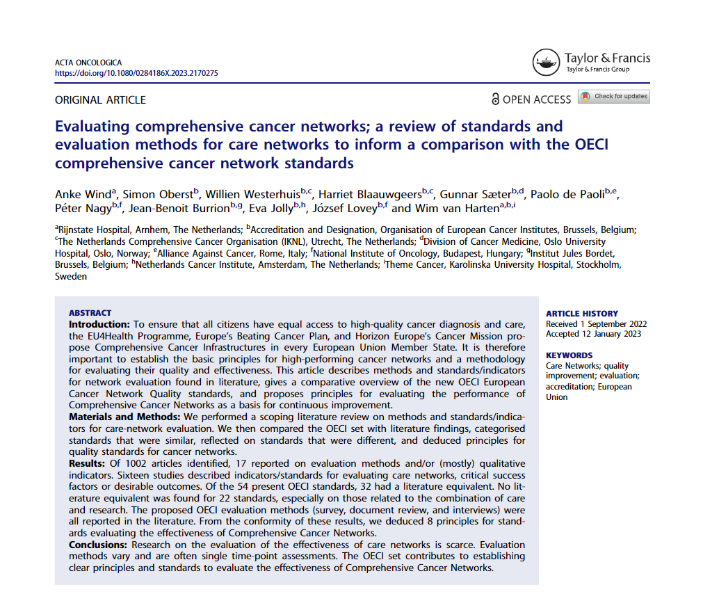 OECI_EEIG's tweet photo. Acta Oncologica has just published a paper on "Evaluating comprehensive cancer networks; a review of standards and evaluation methods for care networks to inform a comparison with the OECI comprehensive cancer network standards" 

📓 Read article: https://t.co/Br2Yn0ejx1 https://t.co/2NZ97E6jFm