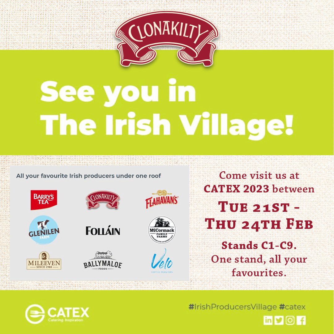 We are delighted to announce we will be exhibiting at this years @catexexhibitio ✨ Come on down to the Irish Village and see us at stand C7 surrounded by some of Irelands most iconic brands ☘️ We are excited to showcase our Clonakilty catering range 🍽 #Clonakilty #Catex2023