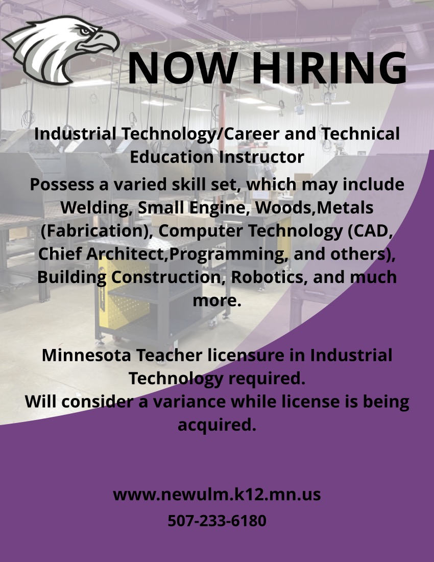 Now Hiring! 
Industrial Technology/Career and Technical Education Instructor

More information here: applitrack.com/newulm/onlinea…