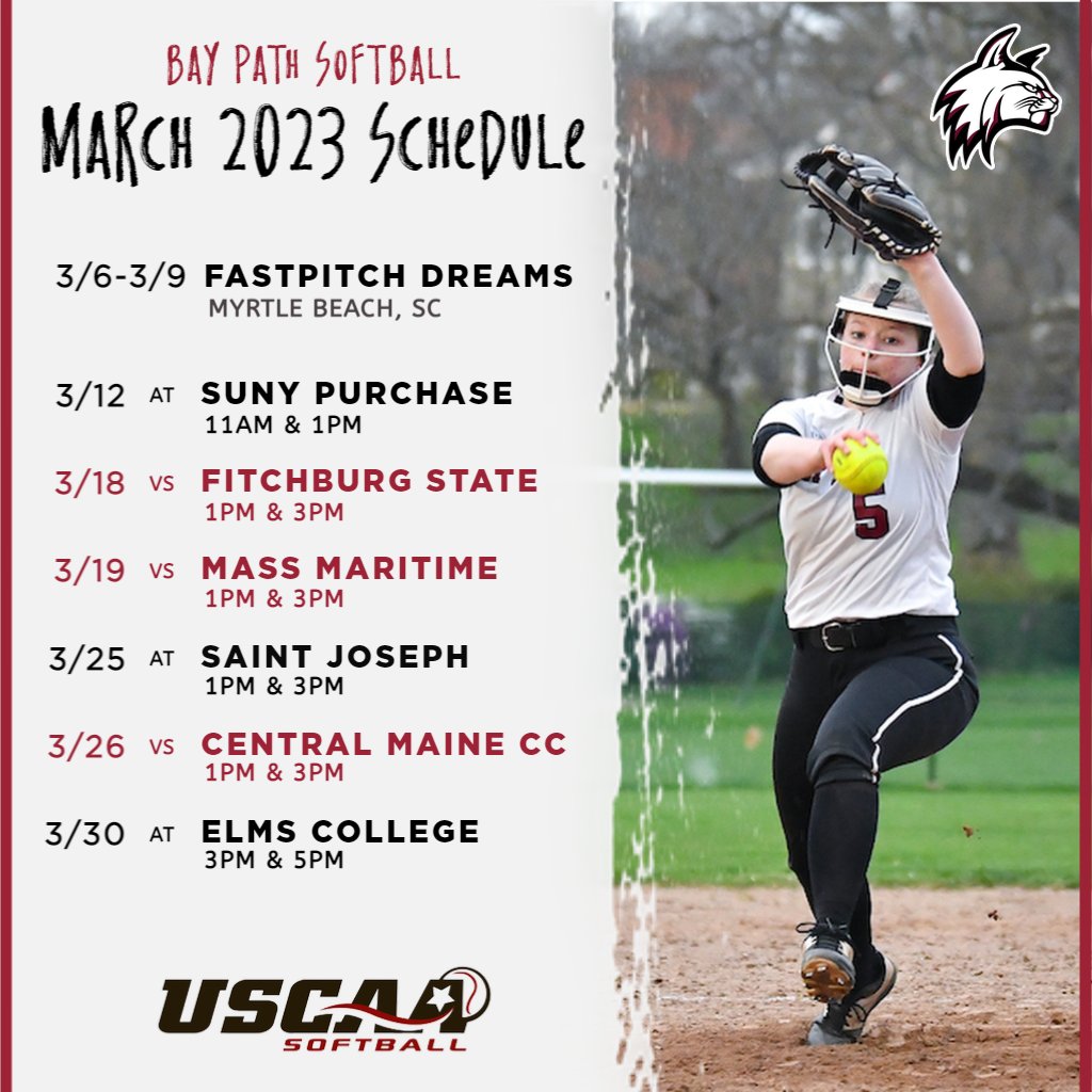 Mark your calendars Wildcat fans... 🗓️🥎

Save the dates for softball's upcoming March 2023 schedule! Maroon denotes home, black denotes away. See you at the field!

#baypathsoftball #bpusoftball #baypathsb #bpusb #baypathathletics #bpuathletics #bpuwildcats #baypathwildcats #bpu