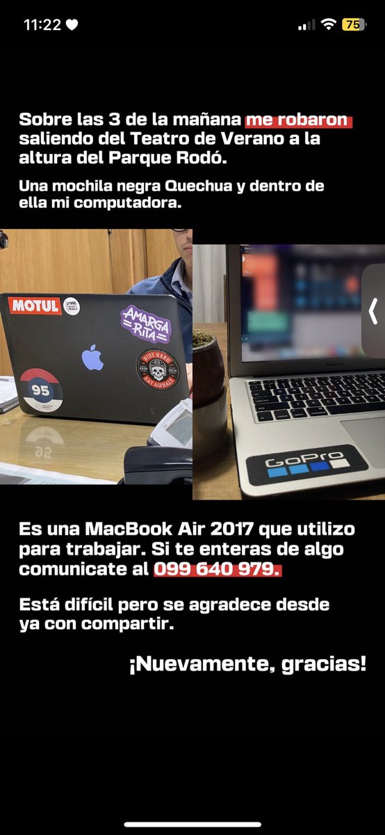 mateymotor's tweet photo. ⚠️A nuestro cm @arroba_gonzalo ayer le robaron su herramienta de trabajo a la salida del teatro de verano.
Cualquier info se pueden comunicar con nosotros por privado o al teléfono que figura en la imagen.

Agradecemos su Rt https://t.co/JuuD0hdH2T