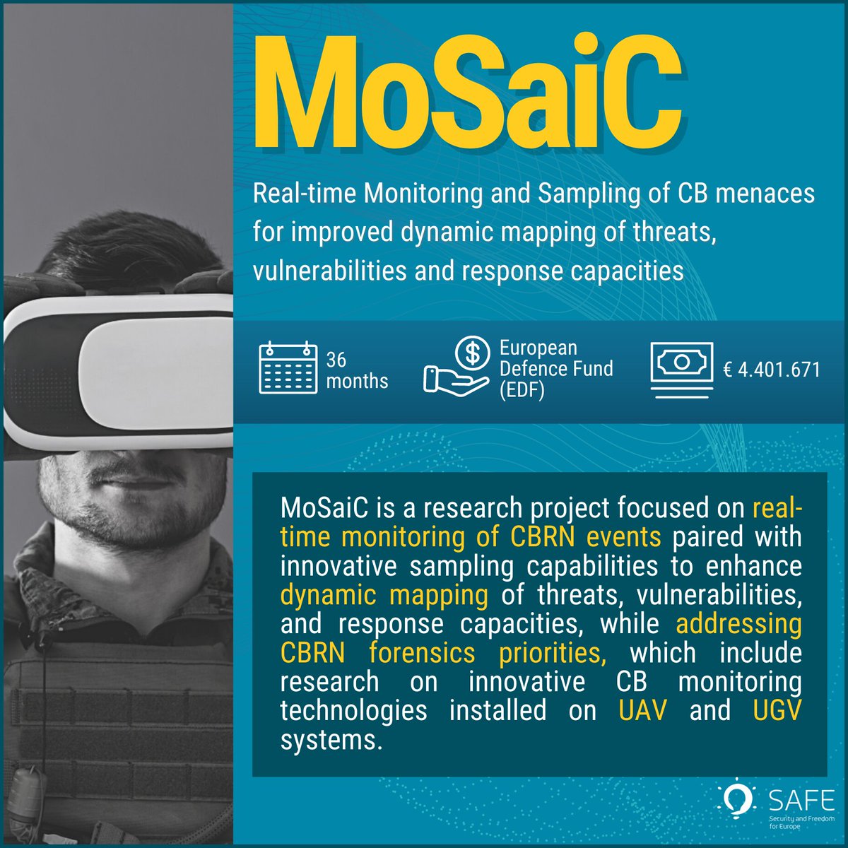 SAFE_Italy's tweet photo. 📌SAFE begins its newly awareded project "MoSaiC – Real-time Monitoring and Sampling of CB menaces for improved dyanmic mapping of threats, vulnerabilities and response capacities".
👉Read more in our article: https://t.co/SG1TNeT98U
#CBRN #EDF #EU https://t.co/VS5evQ5kE0