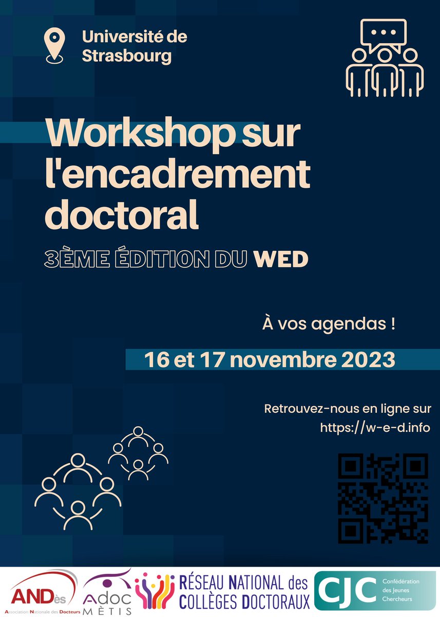 AdocMetis's tweet photo. A vos agendas ! Le WED23 ce sera les 16-17/11 à Strasbourg !
C'est une non-conférence : l'événement est une série d'ateliers de travail pour élaborer des solutions concrètes et réalistes sur l'encadrement doctoral.
https://t.co/vBUHDZwfPp
@assodocteurs @CJC_fr #RNCD @unistra https://t.co/cgDDKfbrre