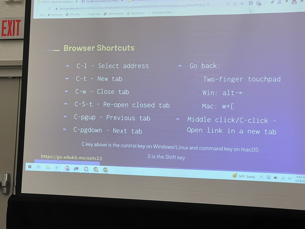 Some keyboard shortcuts with Ryan Collins -- DID YOU KNOW ctrl + L takes you to the web address bar without lifting your hands from the keyboard?!  🤯 #OETC23