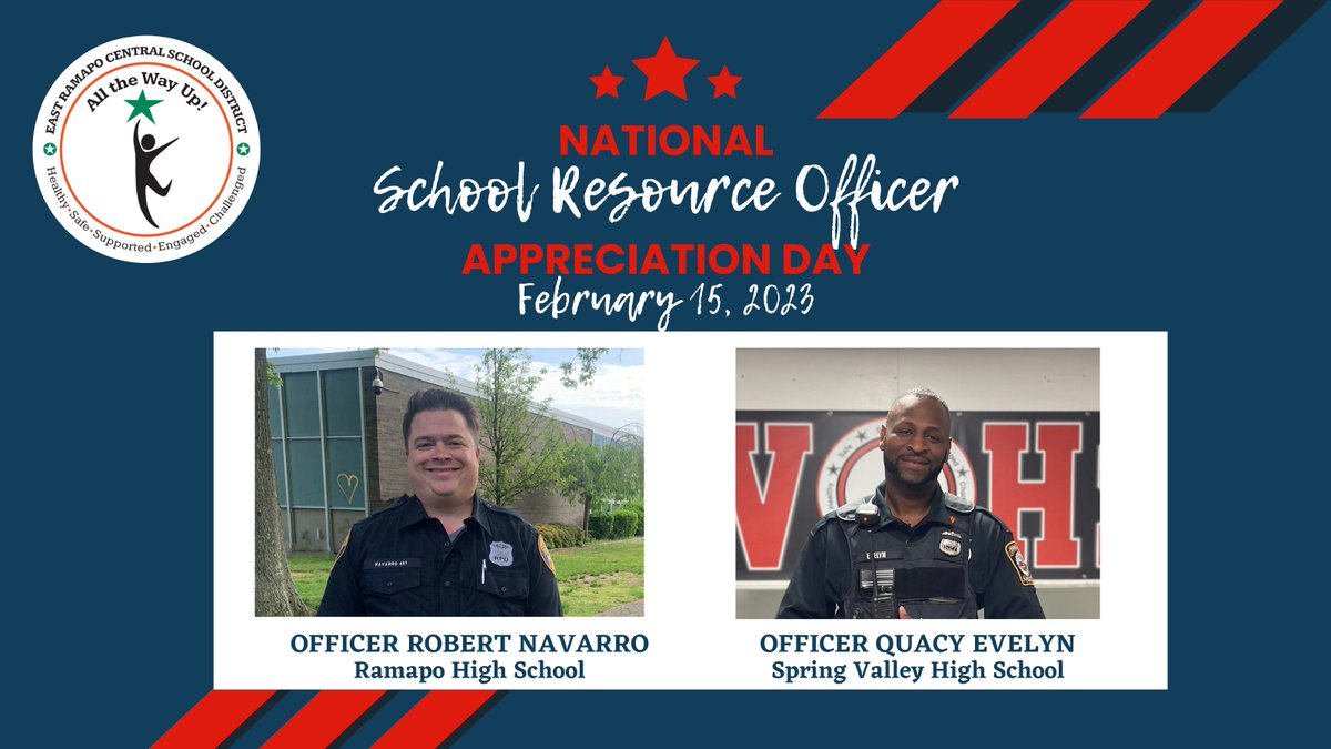 Today Feb 15 is #NationalSROAppreciationDay #EastRamapo recognizes School Resource Officers Robert Navarro @ Ramapo &amp; Quacy Evelyn @ Spring Valley. They work diligently every day to help #protect #mentor #educate &amp; #support students &amp; staff. #SRO #ERProud ercsd.org/SROAppreciatio…