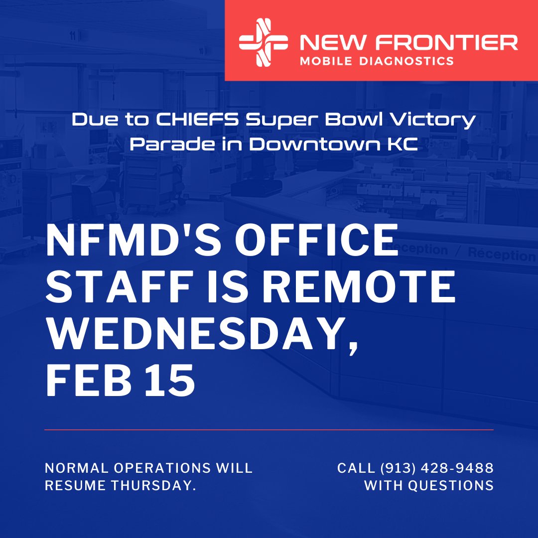 NewFrontierMD's tweet photo. Congratulations to the Super Bowl Champions!!! The parade celebrating the Chiefs' victory will be in Downtown KC on Wednesday, February 15th. Because of the crowds expected, NFMD is closing our office and asking staff to work remotely. Normal operations will resume on Thursday. https://t.co/qW9ojzmh8B