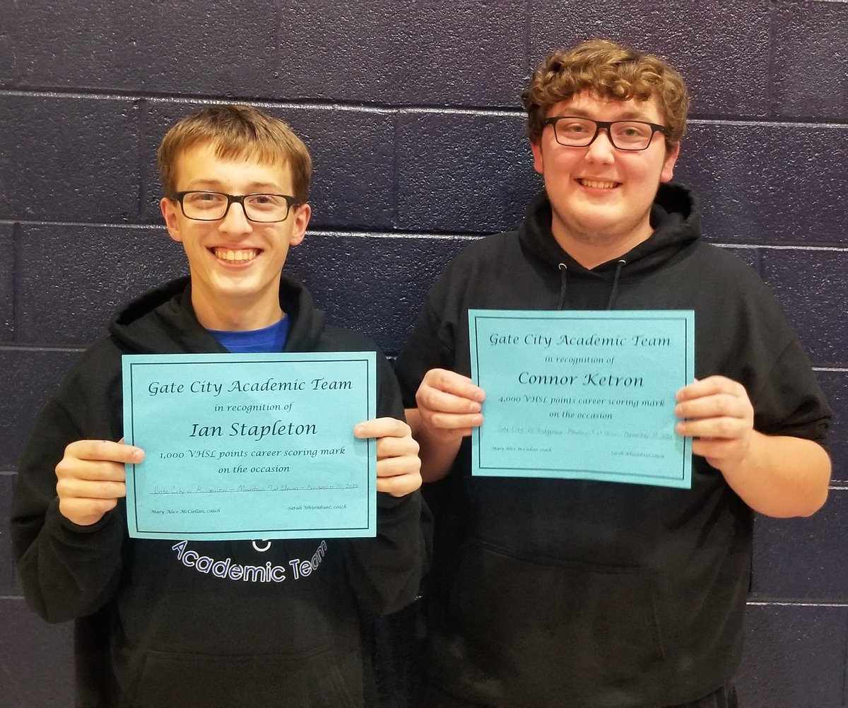 GCHSDevils's tweet photo. Congrats to Connor Ketron (1st Team) and Ian Stapleton (2nd Team) on being named to the All-Mountain 7 Scholastic Bowl Team. These two young gentlemen have had a tremendous season. #GCATeam https://t.co/FwOlyYpZme