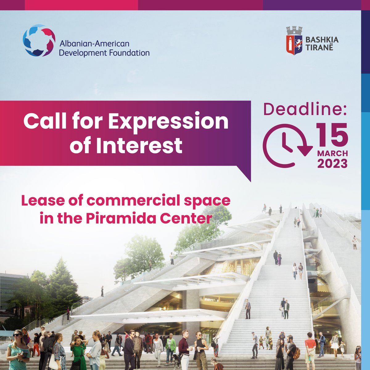 AADF hap thirrjen për aplikime për të konkurruar për hapësira të lira me qira në pjesën e brendshme dhe të jashtme të Piramidës së Tiranës.

Mësoni më shumë rreth programit, kritereve dhe procedurave të aplikimit në 
🔗 piramida.edu.al/qiradhenja/
