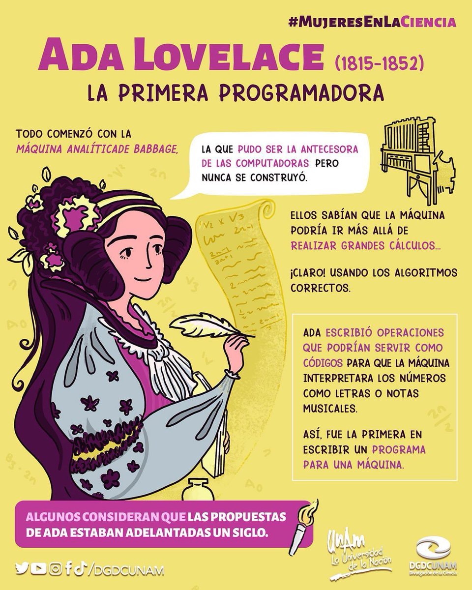 DGDCUNAM's tweet photo. Ada Lovelace: la primera programadora.

Ada renunció a ser princesa para dedicarse a los números; ¡creó el primer algoritmo cuando aún no existían los ordenadores!🖥️

Gracias a su trabajo, hoy tenemos computadoras, celulares, compras en línea…y Twitter.📱

#MujeresEnLaCiencia https://t.co/p7GrXzWhNQ