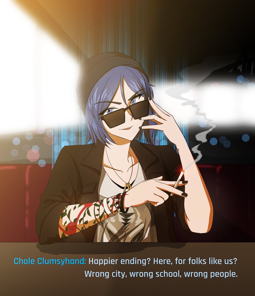 Chole 'Clumsyhand': Happier ending? Here, for folks like us? Wrong city, wrong school, wrong people.
#lifeisstrange #cyberpunk2077meme