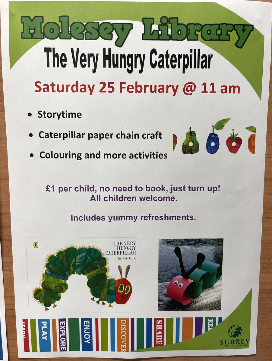 MoleseyLibrary's tweet image. The Very Hungry Caterpillar event on Saturday 25 February at 11am! 🐛🎉 @CardCollection3 @SurreyLibraries