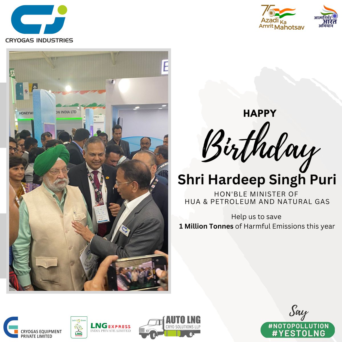 cryogas_india's tweet photo. Warm Birthday Greetings to our Union Minister Shri @HardeepSPuri ji! we look forward to your help in reducing 1 Million Tonnes of Harmful Emissions this Year. #NoToPollution #YesToLNG #CryogasIndia #LNGExpress #AutoLNG #decarbonization https://t.co/euRWGVTWiA https://t.co/8VPnpGBRqf