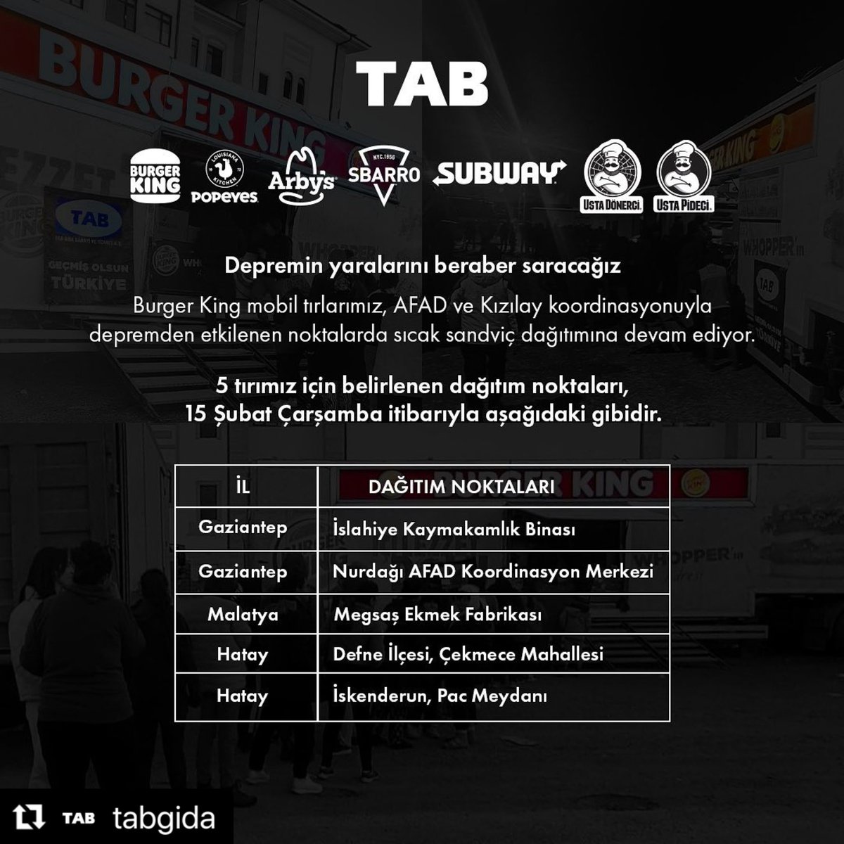 İlk günden beri yetkili kurum ve kuruluşlarla koordineli yürüttüğümüz desteklerimizi sürdürüyoruz. 15 Şubat Çarşamba itibarıyla 5 tırımız ile belirlenen noktalarda sıcak sandviç dağıtımına devam ediyoruz. Depremin yaralarını beraber saracağız.