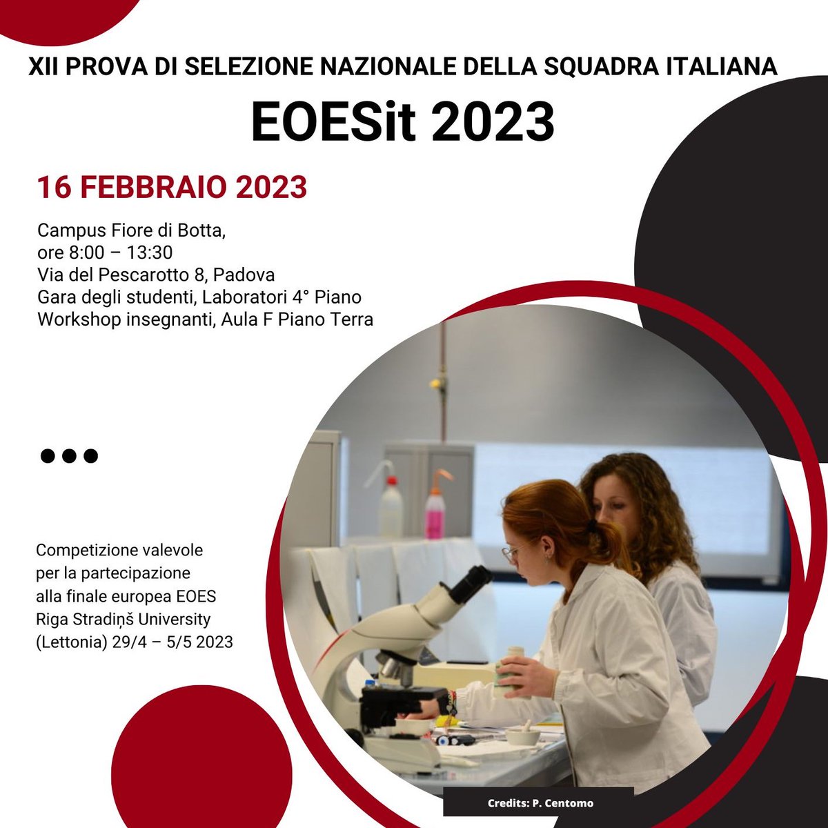 discunipd's tweet photo. Il 16 febbraio #Padova ospiterà presso i laboratori didattici del Campus universitario “Fiore di Botta” la dodicesima gara nazionale di EOESit, le Olimpiadi Europee delle Scienze Sperimentali.
#EOES #science #chimica #biologia #fisica https://t.co/fSBSh556WV