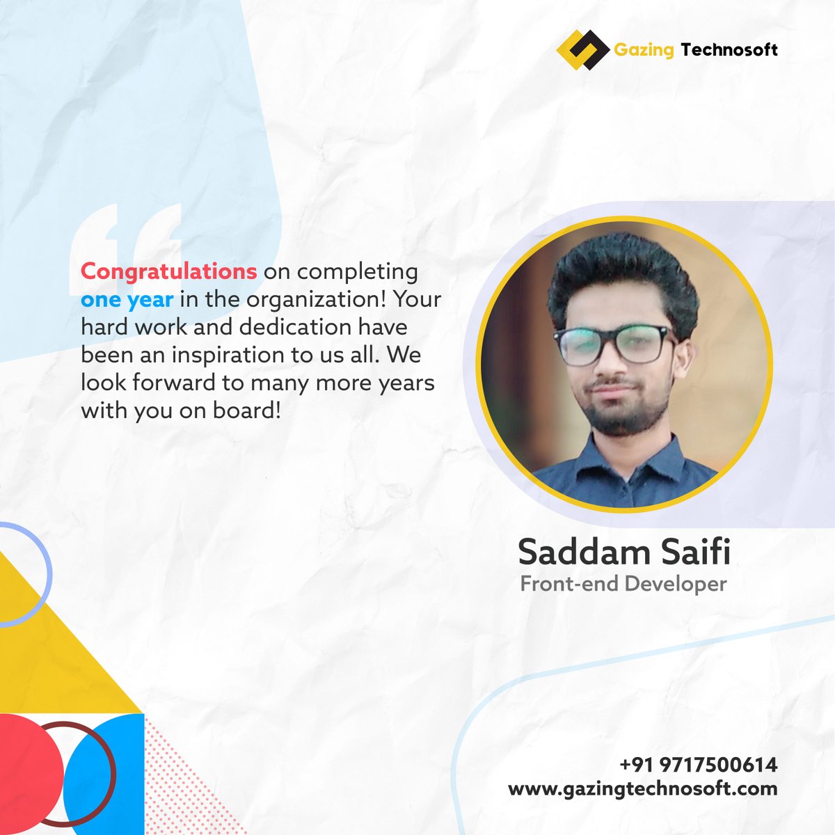 GTpvtltd's tweet photo. Congratulations ๐ฅณ๐๐ฅณ Saddam Saifi on completing one year at @GTpvtltd !
.
#gazingtechnosoft #workanniversary #congratulations #bestwishes #1stworkanniversary #gazingteam #gazingfamily #employeeanniversary #hardwork #dedicationworld #success #growth #motivated #thankfull https://t.co/lqNCA3ZFwK