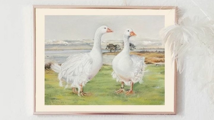 michaelas_blog's tweet photo. The second part of this commissioned work. The two curly geese are here in front of their owner´s favorite view. She lives there and wished this place with a view of the lake to be immortalized in the painting. https://t.co/Ommspbos5X