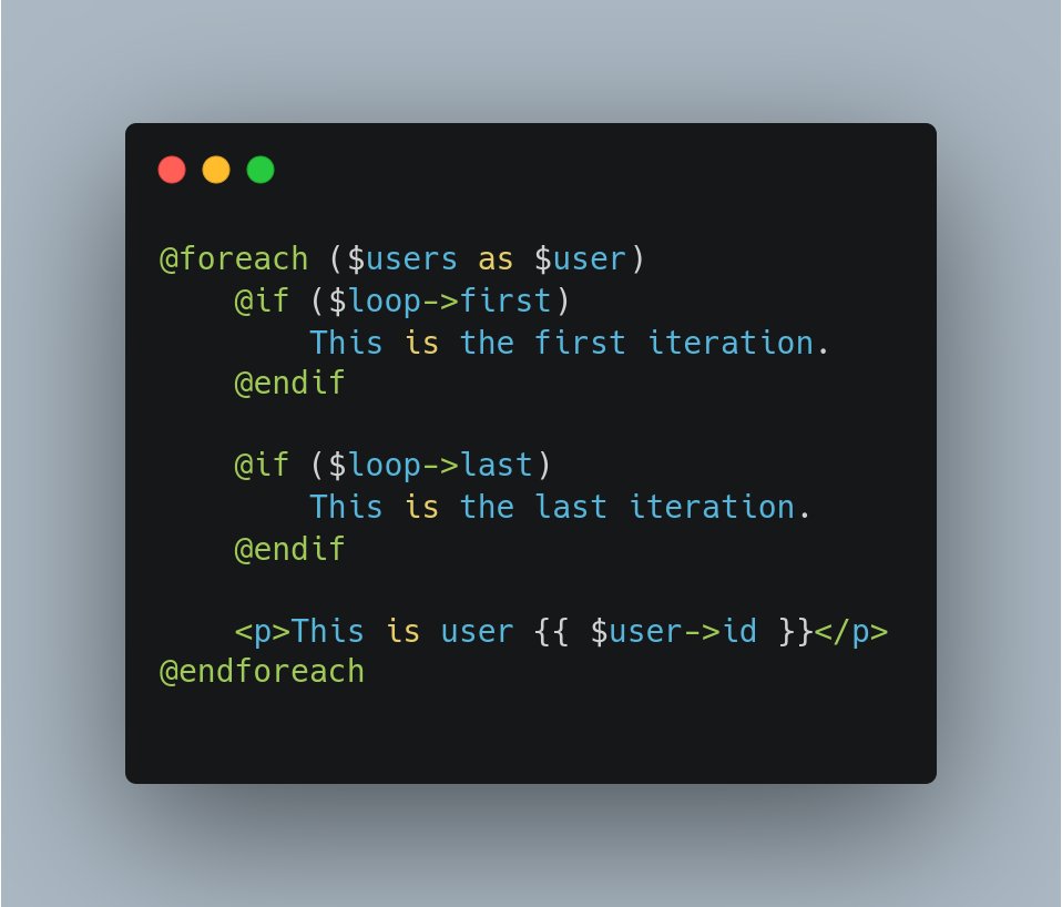 DanielSundayEf1's tweet image. Did you know:
In Laravel blade, you can use the $loop variable to check if a loop is at it's first or last iteration, rather than using $i  and $++ 
#laravel_tips
#laravel_101