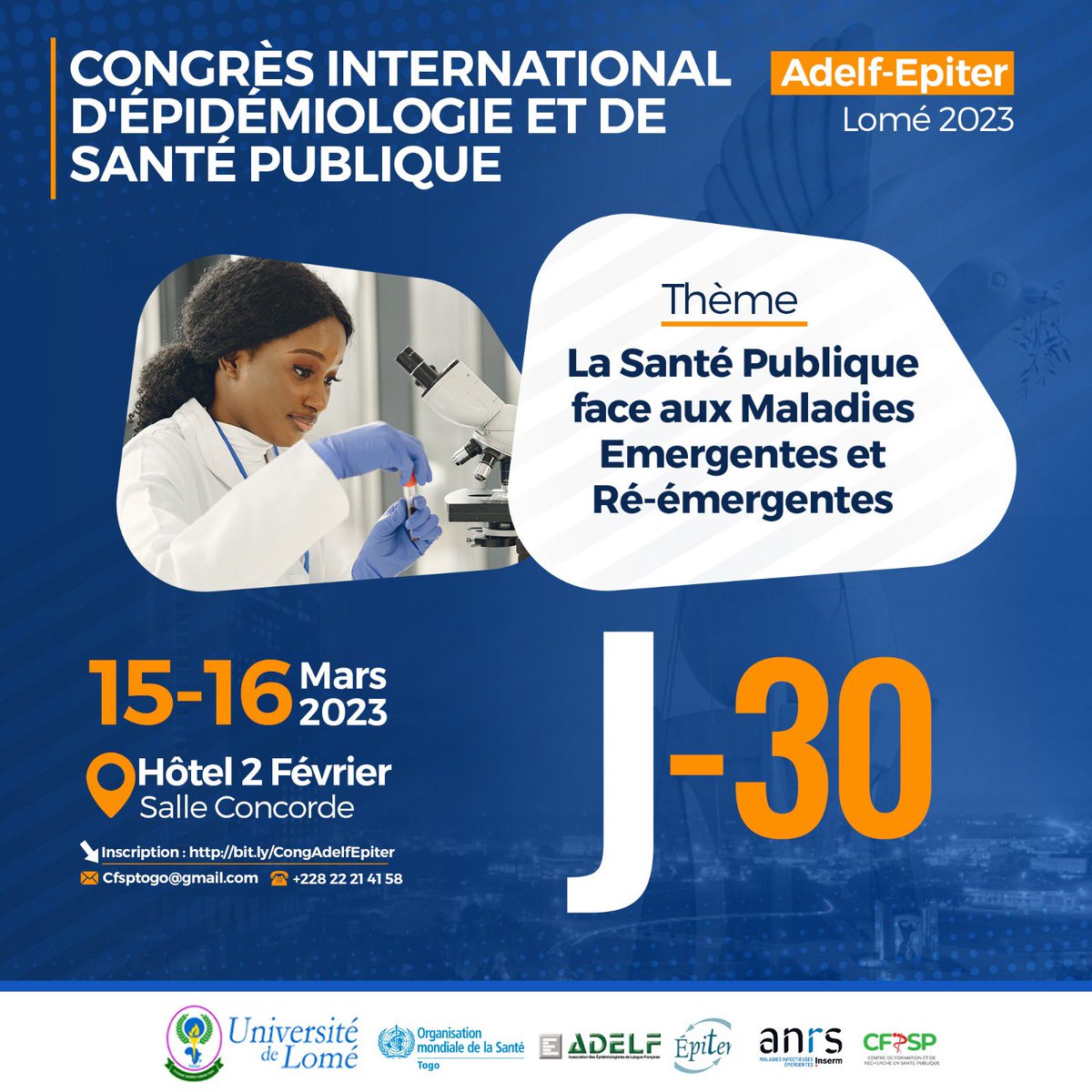 AdelfEpiter2023's tweet photo. Plus qu’UN MOIS et les experts, acteurs et passionnés de santé publique et d'épidémiologie du monde francophone se retrouveront à Lomé au #Togo 🇹🇬 pour le Congrès International ADELF-EPITER 2023. 

Vous pouvez toujours nous rejoindre via https://t.co/QpVF3RpedK

#AdelfEpiter2023 https://t.co/LGXY7JMB81