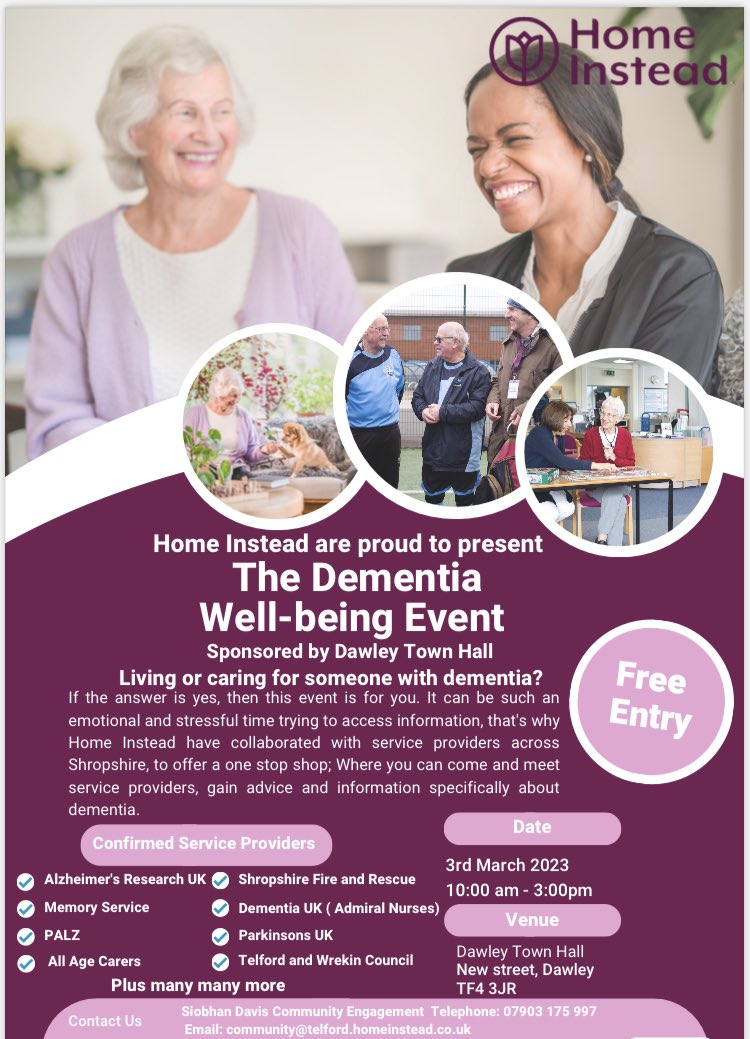 HomeInsteadTF's tweet photo. Come and join us at the Dementia Well-being Event 10am - 3pm  on the 3rd March at Dawley Town Hall, New Street, Dawley. Free to attend and no need to book! Details below 👇 https://t.co/t5huMYMadm
