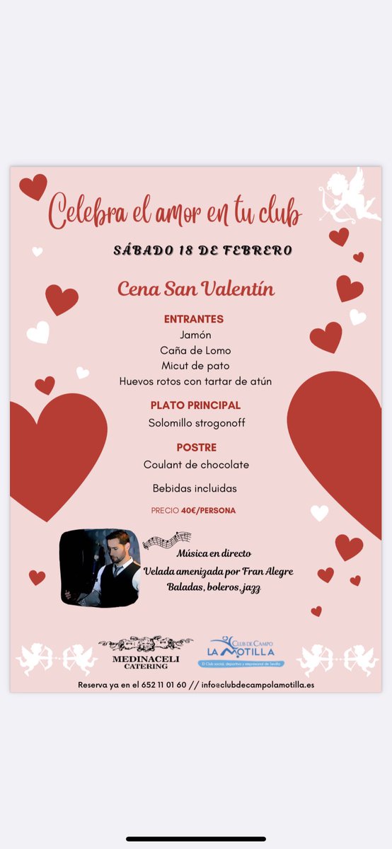 📌¿Tienes pensado celebrar el día de los enamorados ?❤️❣️💕

Te presentamos esta romántica velada con un menú 🍽 digno de mención y amenizando la noche  FRAN ALEGRE con la mejor música en directo🎶: baladas, boleros, jazz…

Imprescindible previa reserva en el 652 11 01 60.