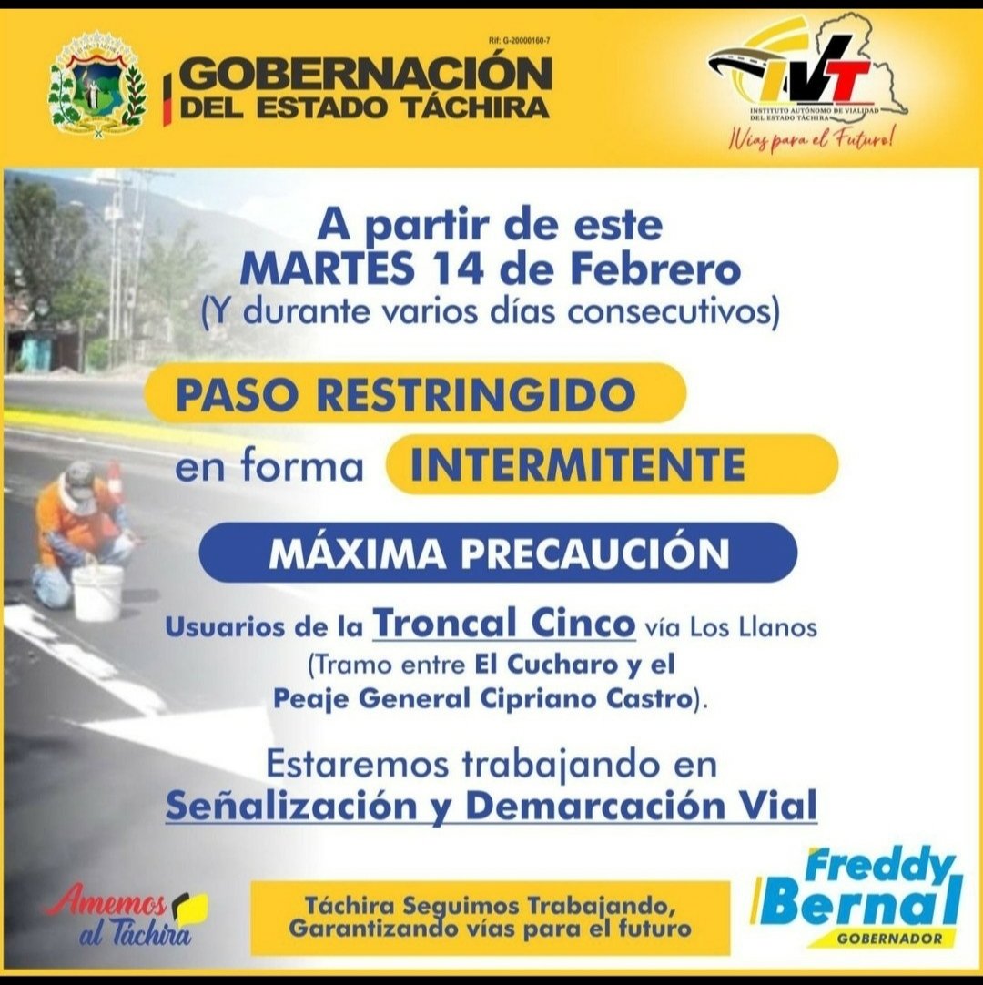 rodolfoperiodis's tweet photo. Feliz día miércoles 15 febrero 2023.6:19am. Si va a viajar para El Piñal o vía al llano vengase temprano porque están haciendo demarcación vial del Corozo a El peaje y se forma cola. https://t.co/Fb5ZXntOk6