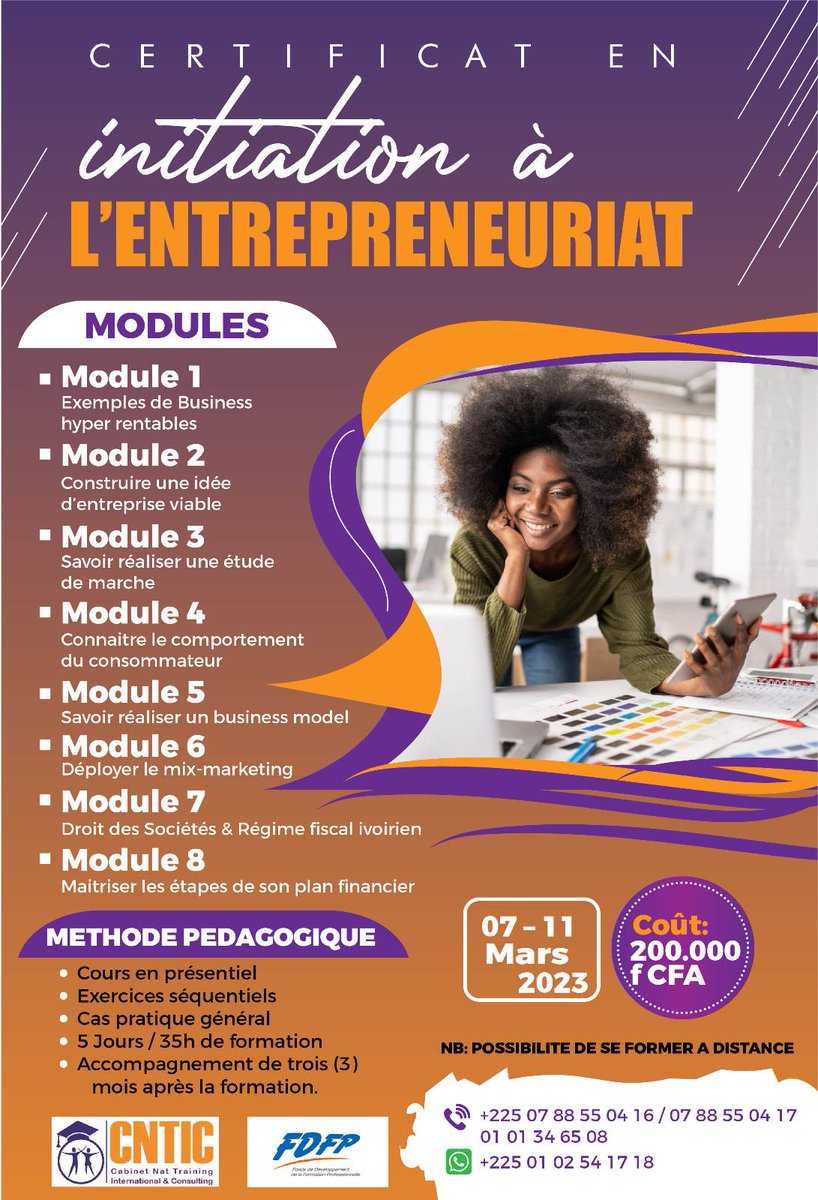 CNTIC3's tweet photo. #cntic_formation
#Intitiation_a_l'entrepreneuriat 
✨✨✨POUR UNE VIE ENTREPRENEURIALE PROSPERE✨✨✨

☎️27 22 49 94 80 / 07 88 55 04 16 / 01 02 54 17 18
⏰Du 07 au 11 Mars 2023 au  CABINET CNTIC sis à la Riviera Palmeraie https://t.co/96CgDozzPC