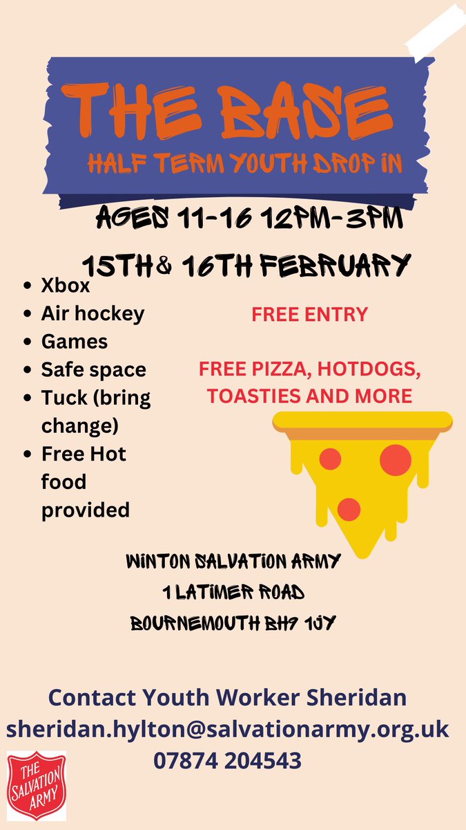 hylton_sheridan's tweet photo. The base youth club happening at Winton Salvation Army today and tomorrow 12pm-3pm. Free entry and food. All 11-16 year olds welcome #bournemouth #dorsetyouth #halftermclub #freefood #winton #salvationarmy https://t.co/dCALRS8ueU