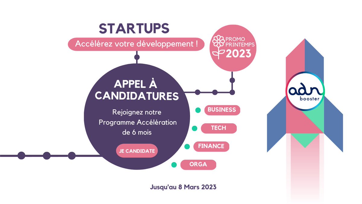 🔈APPEL A CANDIDATURES 🔈

Plus que quelques semaines pour candidater à notre programme d'#accélération et intégrer la #PromoPrintemps2023 🚀🌻

👉6 mois d'accompagnement tech, business, finance &amp; orga

Postulez ici lnkd.in/duUGSWH
Comité de Sélection le 14 mars

#startup