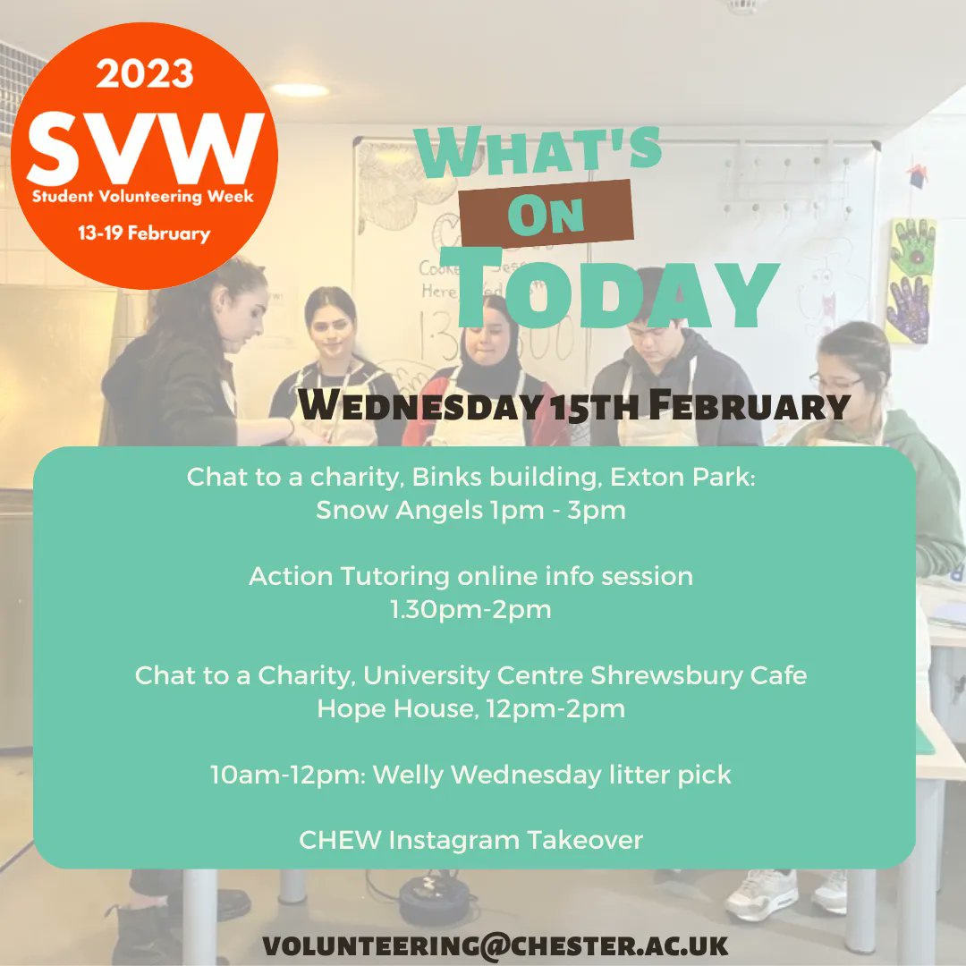 Chat to a Charity at Exton Park, University Centre Shrewsbury or online
Binks Foyer, Exton Park
1pm-3pm: <a href="/snowangelscic/">Snow Angels CIC</a> 
University Centre Shrewsbury Cafe
12pm-2pm: <a href="/HHTGhospices/">Hope House & Tŷ Gobaith Children's Hospices</a> 
Online
1.30pm-2pm: <a href="/ActionTutoring/">Action Tutoring</a> 
See you there!
#SVW2023  <a href="/uocshoutout/">UoC Student Shout Out</a> <a href="/uochester/">University of Chester</a>