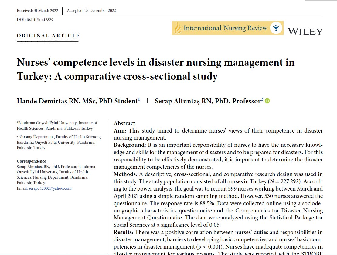 HildegartGlez's tweet photo. 📰Nurses' competence levels in disaster nursing management in Turkey @INR_Journal @parveenazamali ✍️Prof. @bandirmauni
Interested for @jdelpoleo @Carlos_Chaccour @lchiv4 @AmigosdeMonkole @michilot77 @PepaHodl @tantakaunav @Ohihane & #🎞️
https://t.co/7e1isSPSCQ #EnfSolidaria https://t.co/a646NlZBNH