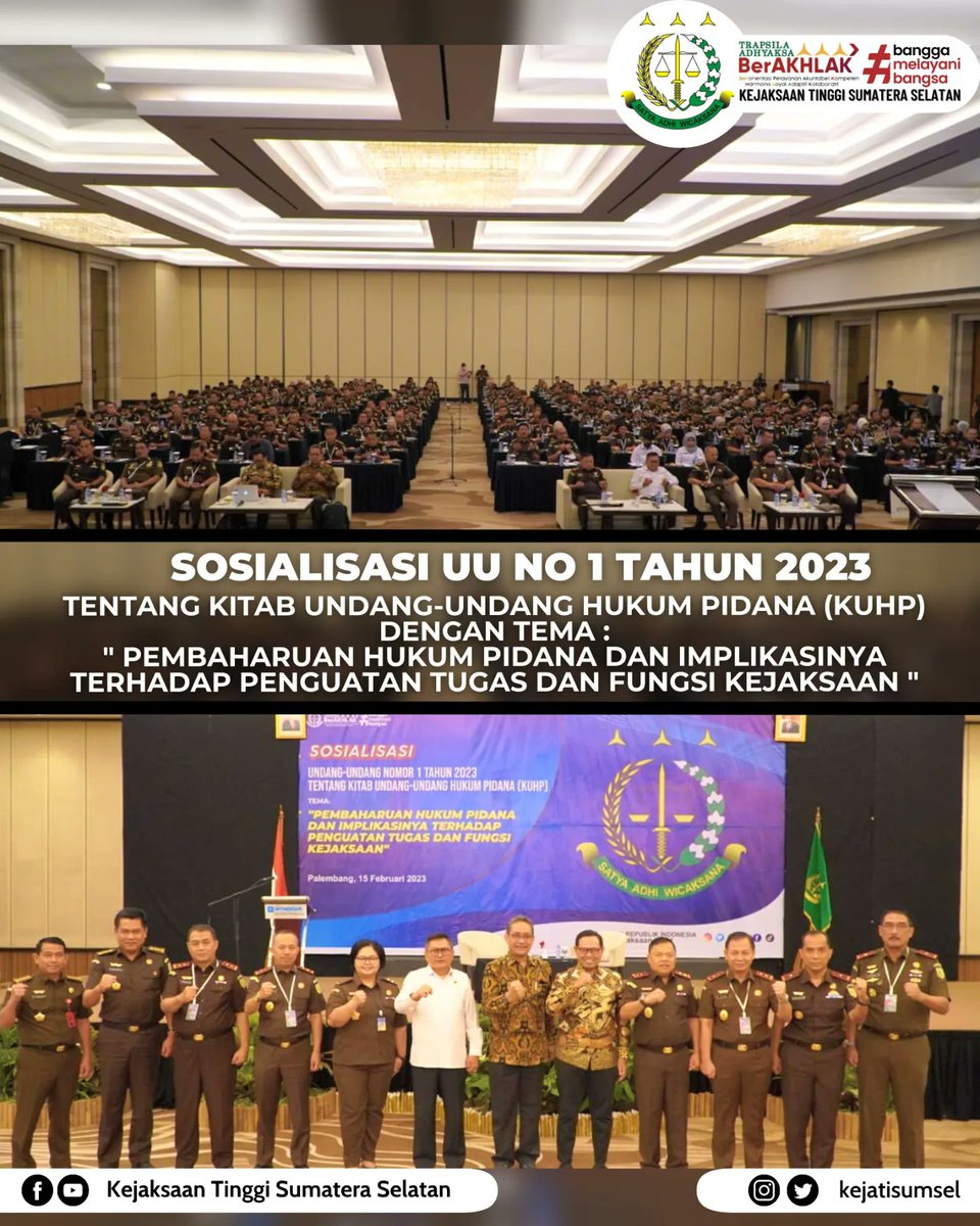 kejatisumsel's tweet photo. Rabu, 15 Februari 2023
Telah dilaksanakan Sosialisasi Undang-Undang No.1 Tahun 2023 tentang Kitab Undang-Undang Hukum Pidana (KUHP), dengan tema "Pembaharuan Hukum Pidana dan Implikasinya terhadap Penguatan Tugas dan Fungsi Kejaksaan", dimana kegiatan dihadiri oleh perwakilan https://t.co/zoBaAfFXMA