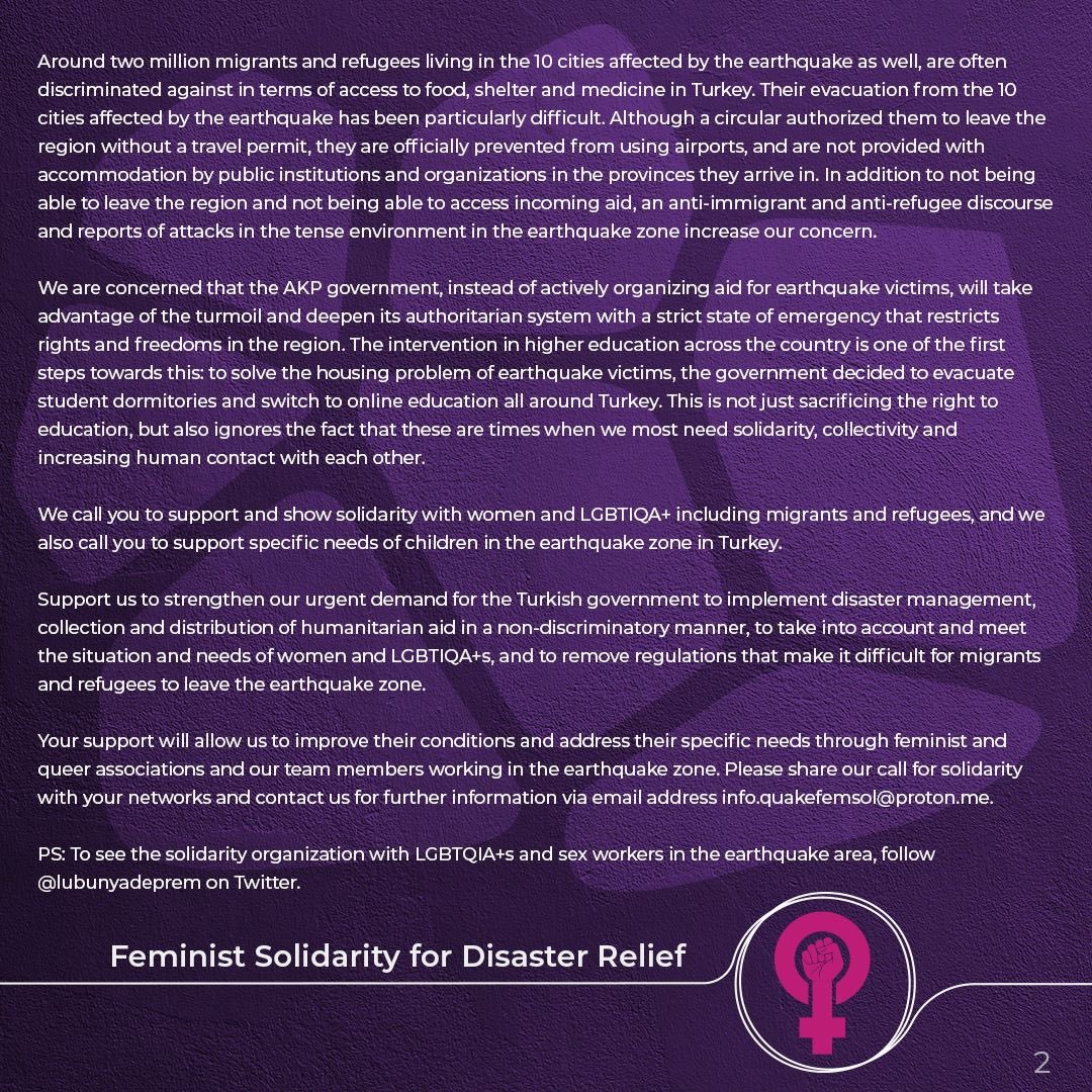 Call for International Feminist Solidarity!!

Please share our call for solidarity with your networks and contact us for further information via email address info.quakefemsol@proton.me
 
#earthquaketurkey #feminist #feministsolidarity