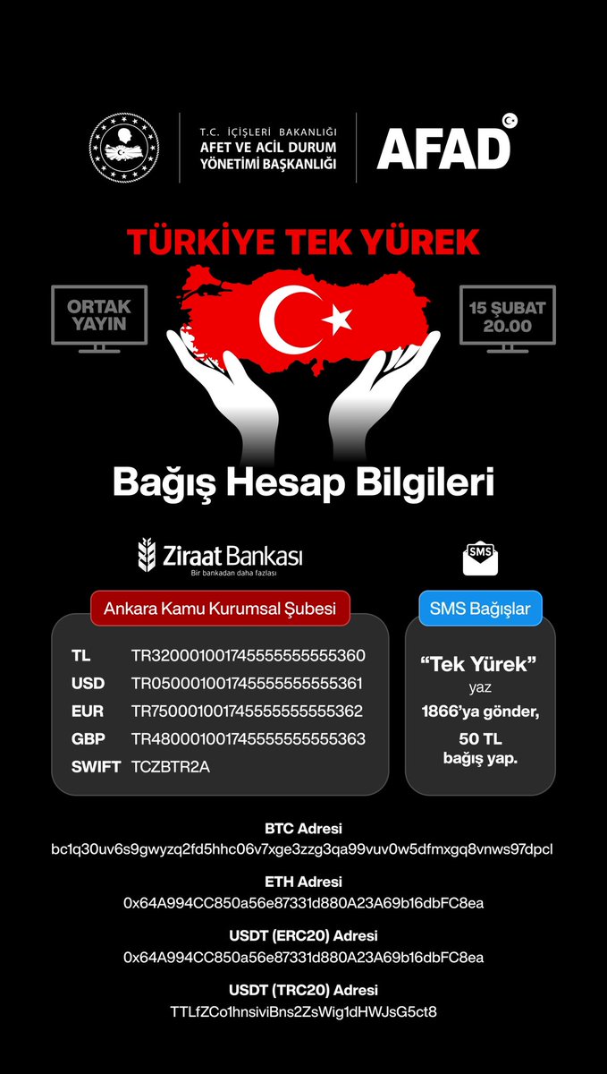 🗓️ 15 Şubat 2023
🕗 20.00
📺📻 Ortak Yayın

<a href="/rtukkurumsal/">RADYO VE TELEVİZYON ÜST KURULU</a> koordinasyonunda ulusal, bölgesel ve yerel TV ve radyo yayıncılarının katılımıyla düzenlenen #TürkiyeTekYürek Kampanyası, aynı gün ve saatte, tüm kanallarda...

➡️ Ayrıntılı bilgi için;
afad.gov.tr/turkiye-tek-yu…