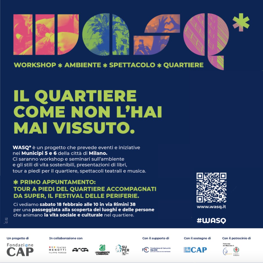 E' in partenza #𝗪𝗔𝗦𝗤,  𝗪𝗼𝗿𝗸𝘀𝗵𝗼𝗽, 𝗔𝗺𝗯𝗶𝗲𝗻𝘁𝗲, 𝗦𝗽𝗲𝘁𝘁𝗮𝗰𝗼𝗹𝗼 𝗲 𝗤𝘂𝗮𝗿𝘁𝗶𝗲𝗿𝗲
Primo appuntamento sarà sabato 18 febbraio alle 10:
Tutti gli eventi del festival saranno ad ingresso libero
Leggi di più
bit.ly/WASQfest