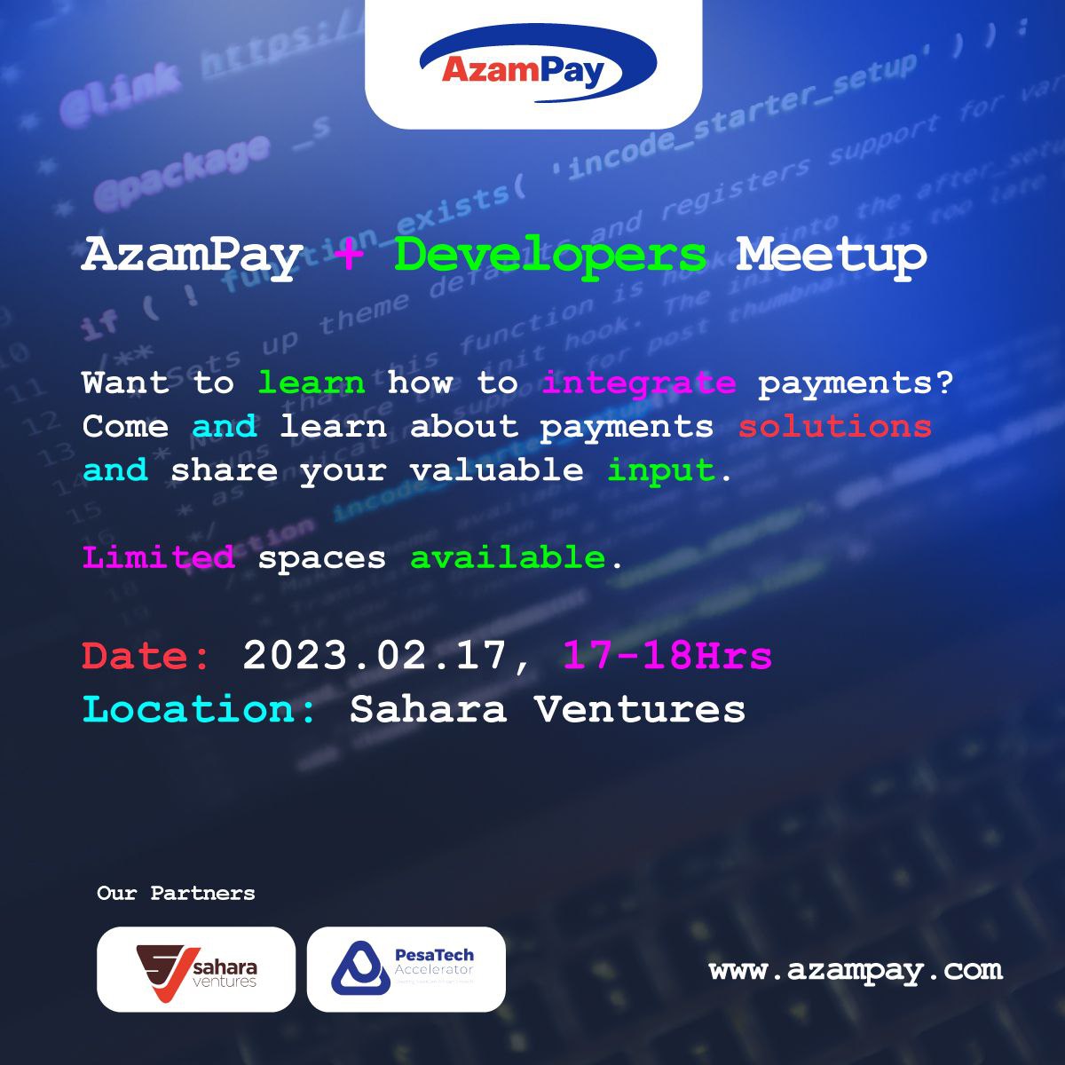 VenturesSahara's tweet photo. Do you want to learn how to integrate payment?
Come and learn with #AzamPay about payment solutions and share your valuable input.
You can register through
https://t.co/UamAFGKK4t https://t.co/jl8DQT2sE2