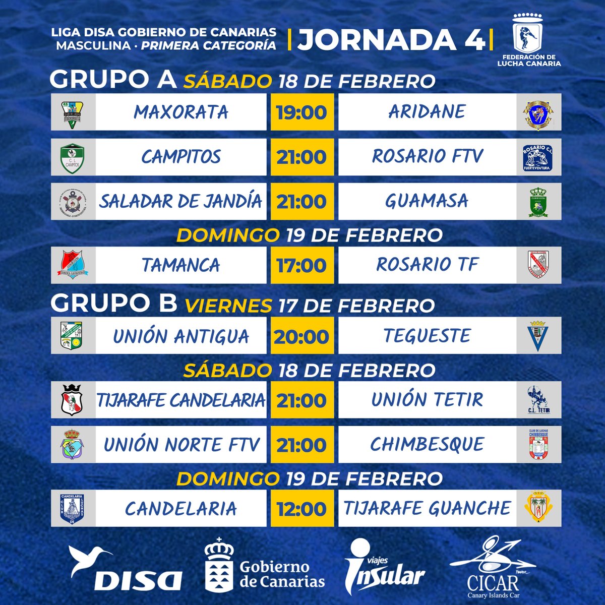 𝗖𝗔𝗟𝗘𝗡𝗗𝗔𝗥𝗜𝗢 | 𝗟𝗜𝗚𝗔 𝗗𝗜𝗦𝗔 𝗠𝗔𝗦𝗖𝗨𝗟𝗜𝗡𝗔 𝗣𝗥𝗜𝗠𝗘𝗥𝗔 🇮🇨 ​ | 𝗝𝗢𝗥𝗡𝗔𝗗𝗔 𝟰
🗓️​ Semana del 13 al 19 de febrero de 2023

#LuchaCanaria #IslasCanarias #LatitudDeVida