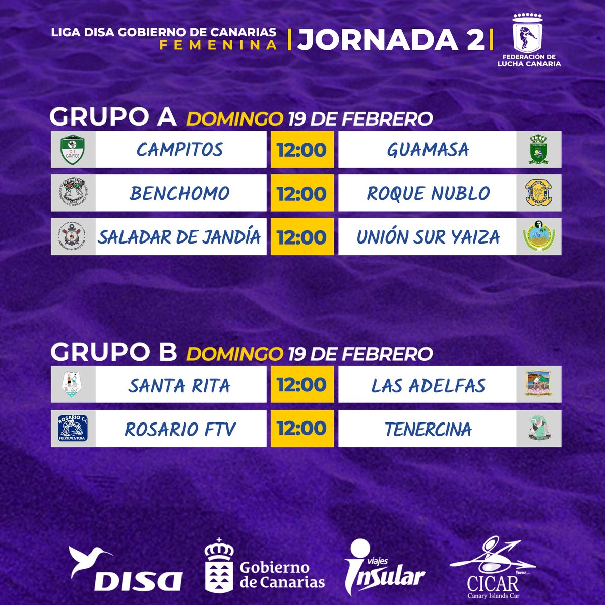 𝗖𝗔𝗟𝗘𝗡𝗗𝗔𝗥𝗜𝗢 | 𝗟𝗜𝗚𝗔 𝗗𝗜𝗦𝗔 𝗙𝗘𝗠𝗘𝗡𝗜𝗡𝗔 🇮🇨 ​ | 𝗝𝗢𝗥𝗡𝗔𝗗𝗔 𝟮
🗓️​ Semana del 13 al 19 de febrero de 2023

#LuchaCanaria #IslasCanarias