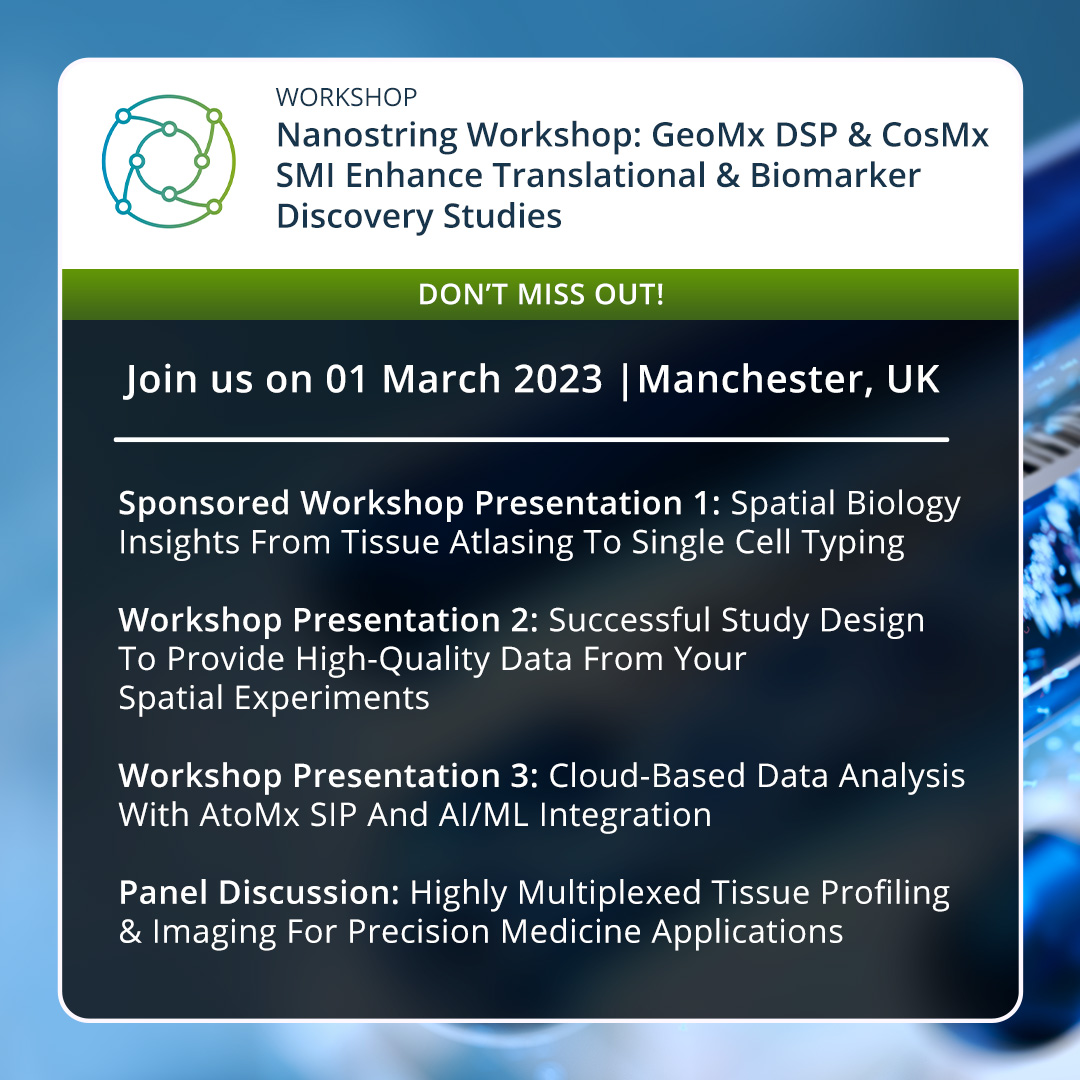 OGPREMED's tweet photo. Don't miss @nanostringtech's workshop at Biomarkers 2023 Post Conference Event Focus Day on 1st March in Manchester.
Get more info here: https://t.co/YP2wrpC2Pk
#BiomarkerSeries23 #PrecisionMedicine #SpatialBiology #SingleCell #TissueProfiling https://t.co/GxXbCZwl8C