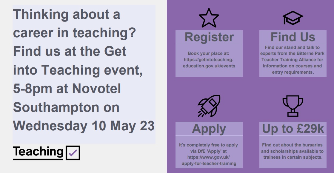 Join us at the Department for Education's Get into Teaching Event on 10th May to find out more about training to teach with the Bitterne Park Teacher Training Alliance! #traintoteach #pgce #schooldirect #getintoteaching