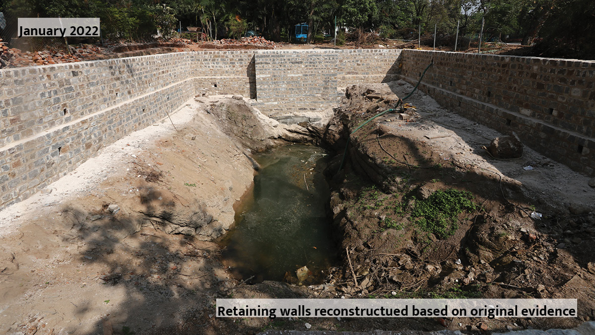 Bagh Baoli at #QutbShahiHeritagePark: Detailed architectural illustrations were made to assess the condition of the stepwell and restore it to its original state.  Stone masons reinforced damaged masonry through underpinning, based on minimal evidence on site.