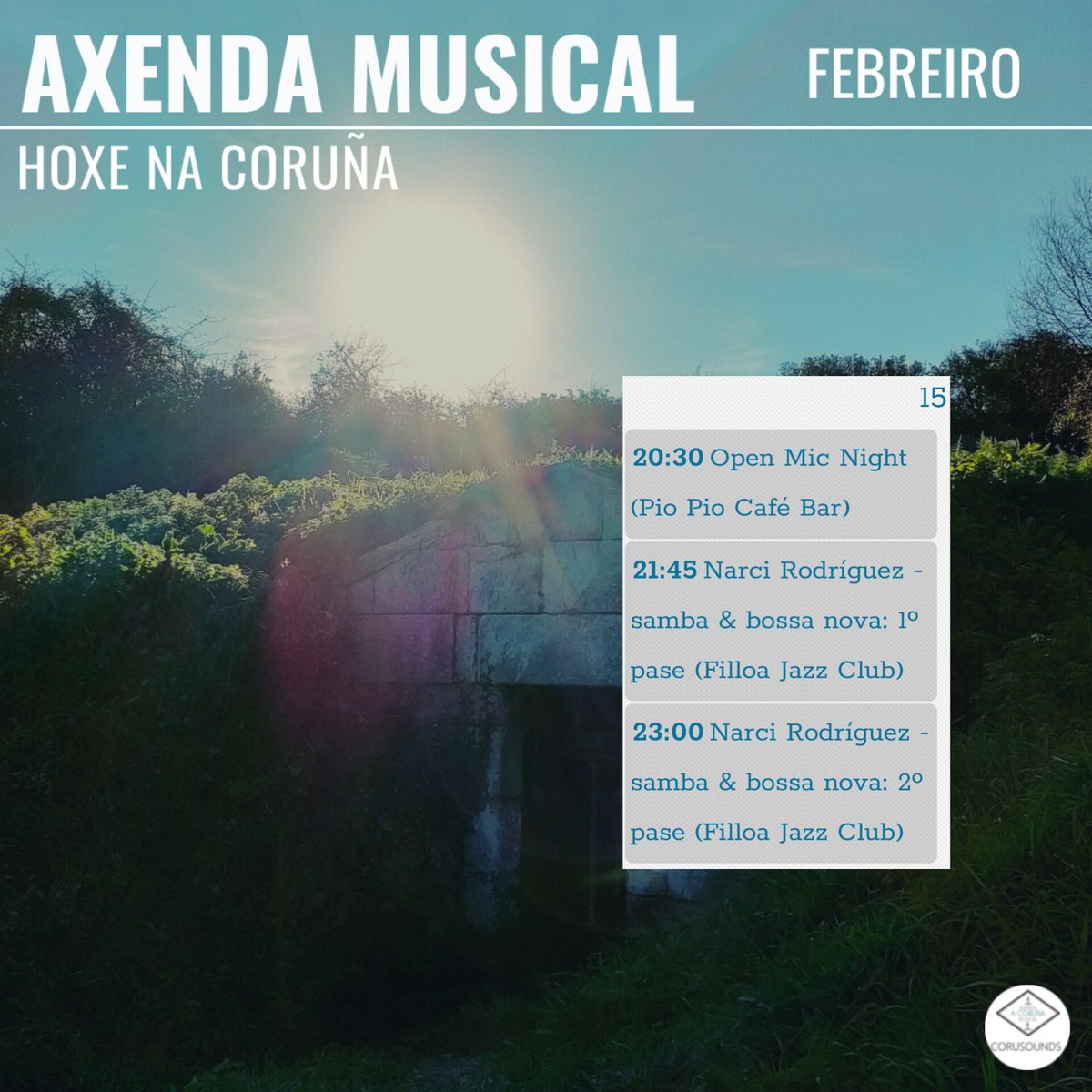 Hoxe na Coruña... 
.
.
.
Podes ver todos os concertos programados este ano en: corusounds.emiweb.es/agenda
#ACoruña #Coruña #AxendaMusical #AgendaMusical #Musica #Concertos #Concertos #Cultura #culturaparatodos #CulturaSegura