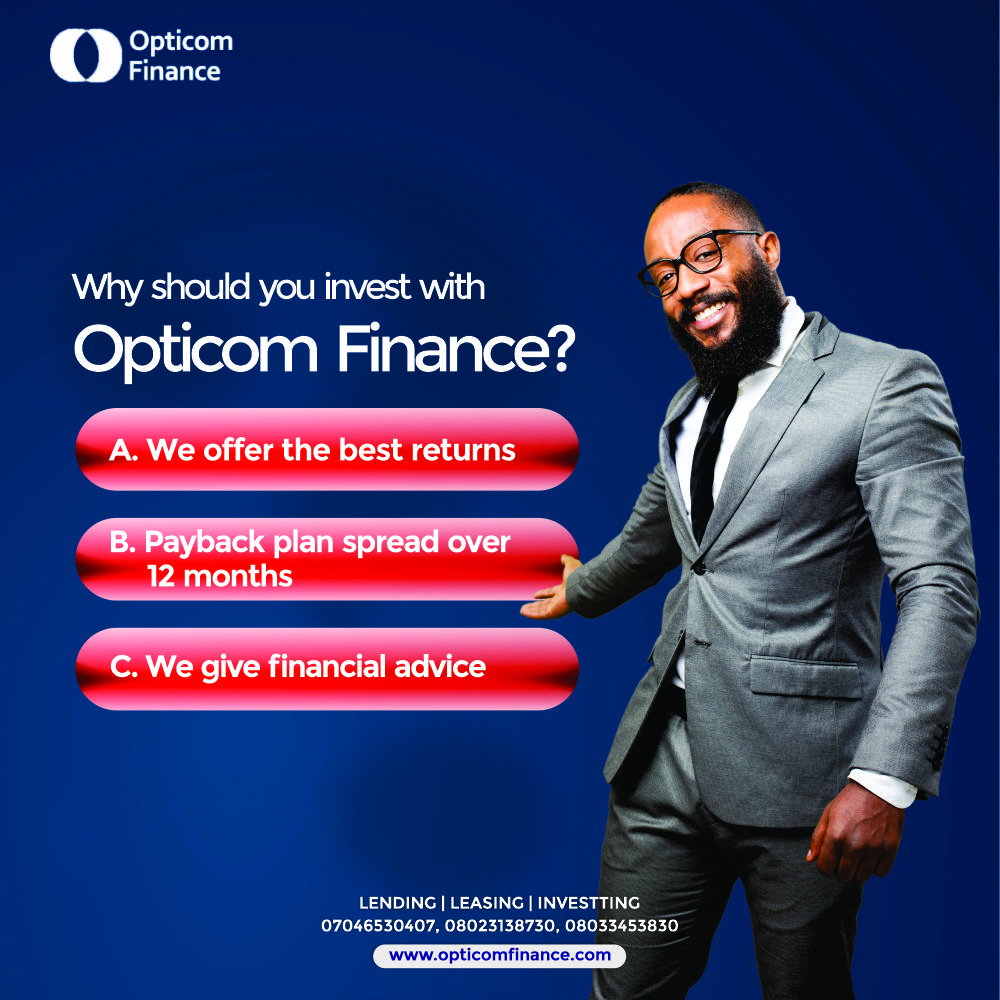 Get involved in smart money decisions, every day with Opticom Finance.

Call +2347046530407, +2348023138730, +2348033453830  

#WednesdayVibes #Loan #financialplanning #investmentstrategies #CarTip