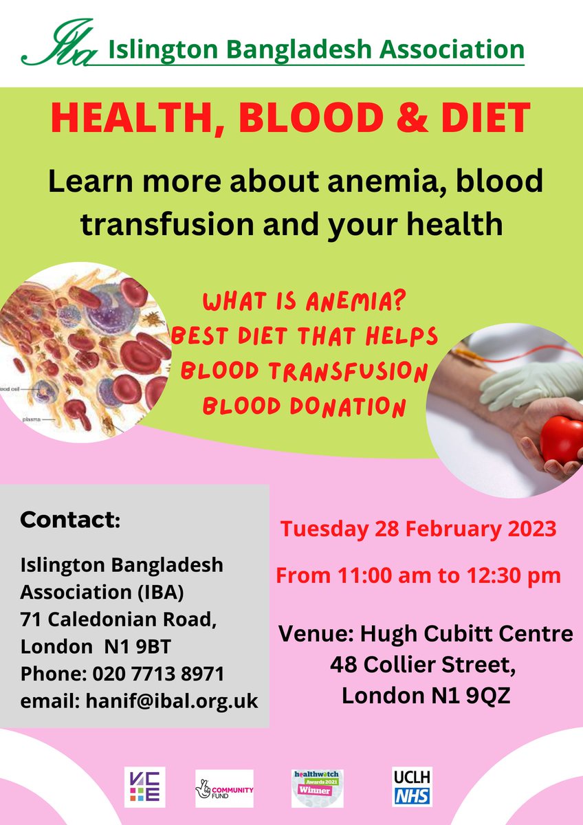 IBA_Islington's tweet photo. We are glad to announce our next three events on health for our female members:

28 Feb 2023 from 11:00 am to 12:30 pm we offer an event on Health, Blood and Diet. Experts from UCLH will talk about this and answer your questions. https://t.co/j7lTLLua0d