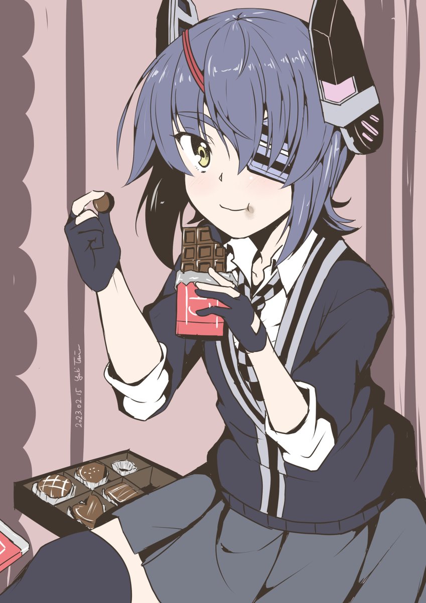 tenryuu (kancolle) 1girl chocolate solo eyepatch headgear gloves purple hair  illustration images