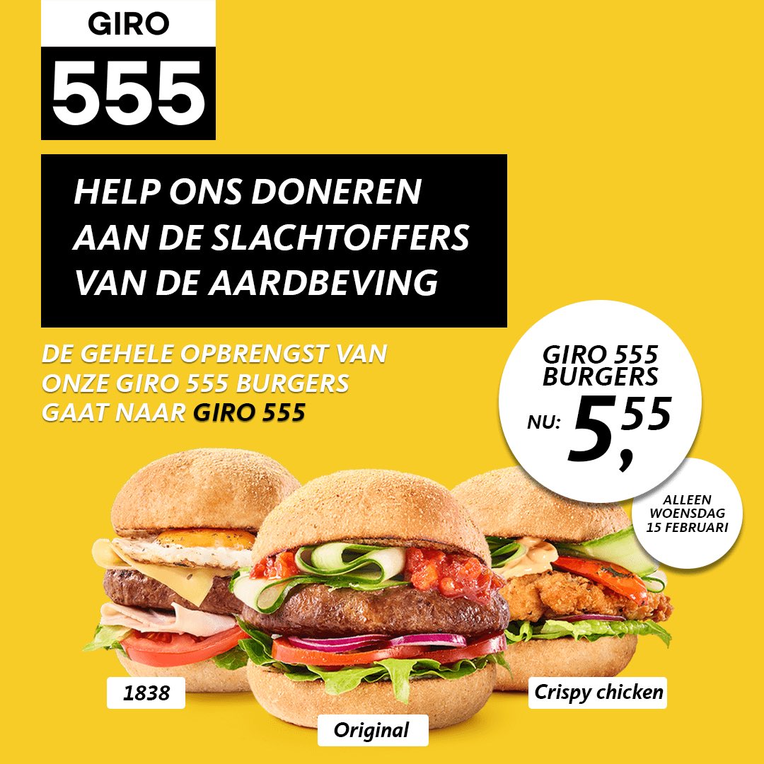 Bestel vandaag de Original, 1839 of de Crispy Chicken burger en wij doneren de €5,55 euro aan #Giro555 bij <a href="/KWdeBolder/">Kwalitaria de Bolder</a>