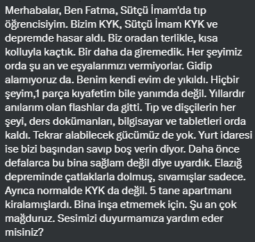 Üniversitelerin #uzaktan olmasıyla birlikte Kahramanmaraş Sütçü İmam Kız Öğrenci KYK Yurdunda kalan bir öğrenci arkadaşımızın bize ilettiği mesaj: