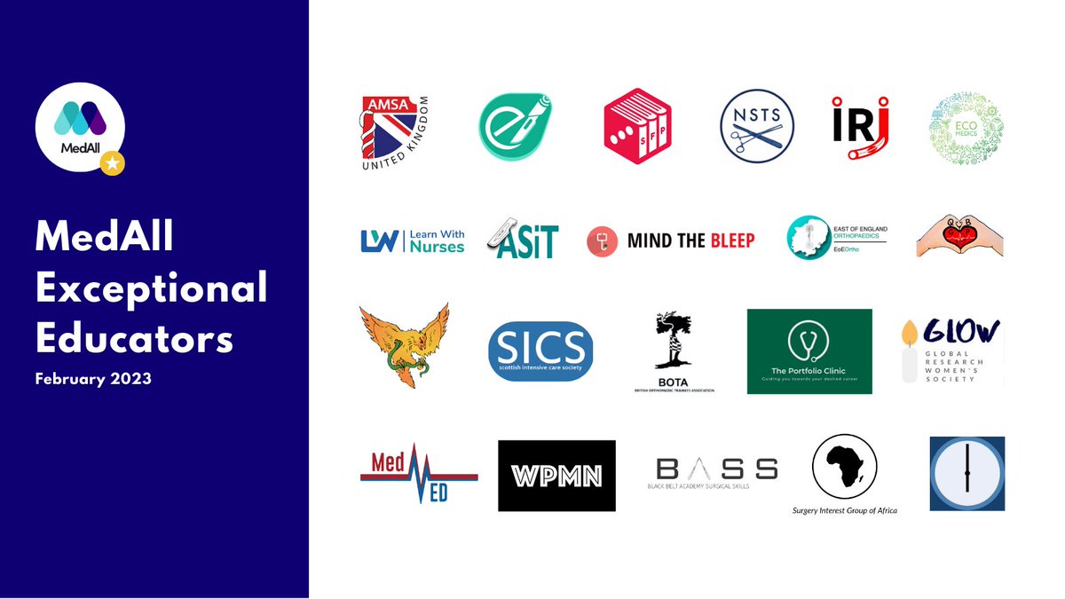 ⭐️ MedAll Exceptional Educators We're honoured to announce our Exceptional Educators, including 6 new organisations: @bota_uk, @sicsmembers, @ic_meded, @ThePortfolioC, @BapioYDF and @nsts_ed. On behalf of the MedAll community, thank you for making #MedEd accessible to all 🙏