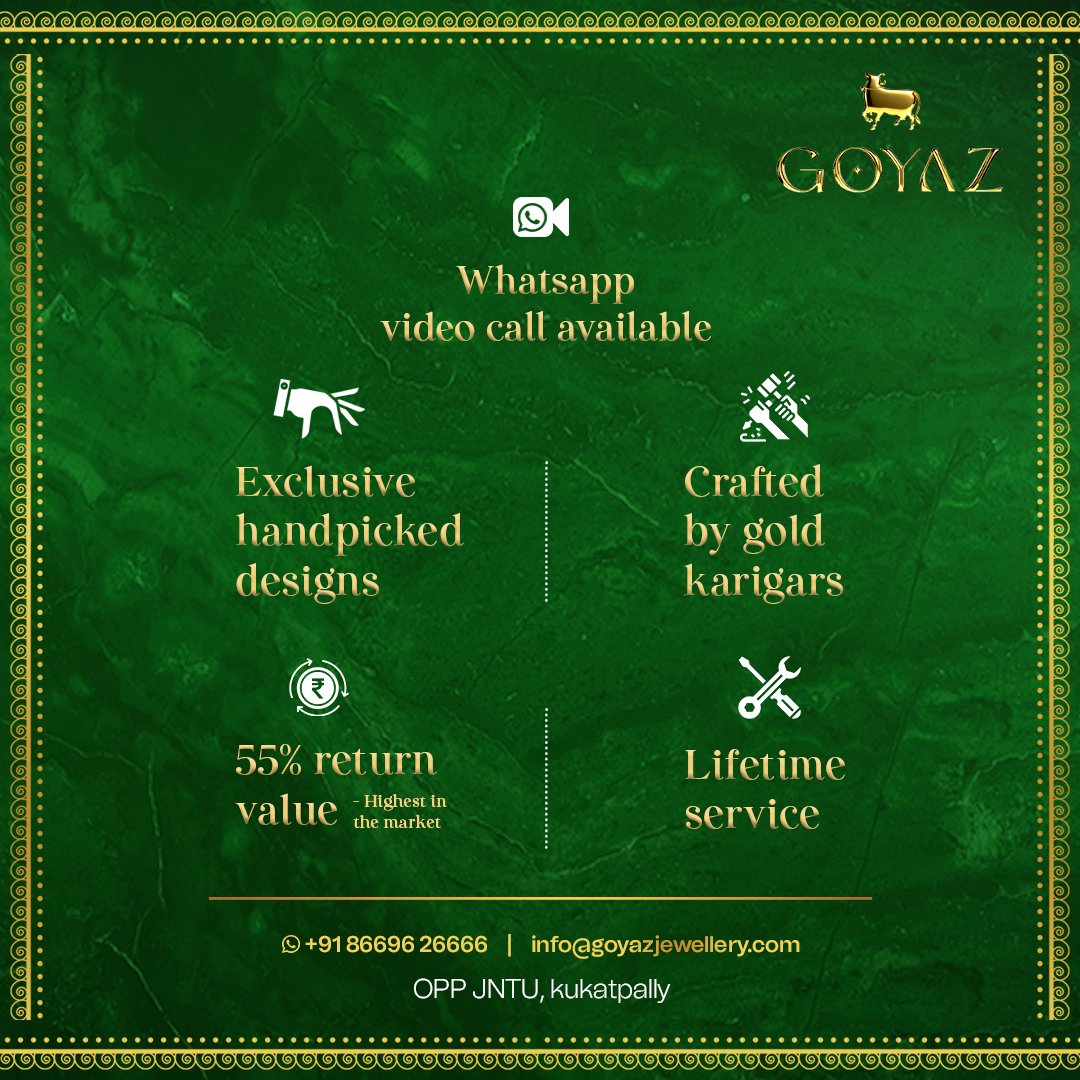 Hey all! Let's keep visiting our exclusive jewellery items online through our exclusive WhatsApp Video Calling to our customers. Connect with an WhatsApp and experience the amazing gold and silver jewellery collection here at Goyaz Silver Jewellery.

wa.me/message/Y7HQCO…