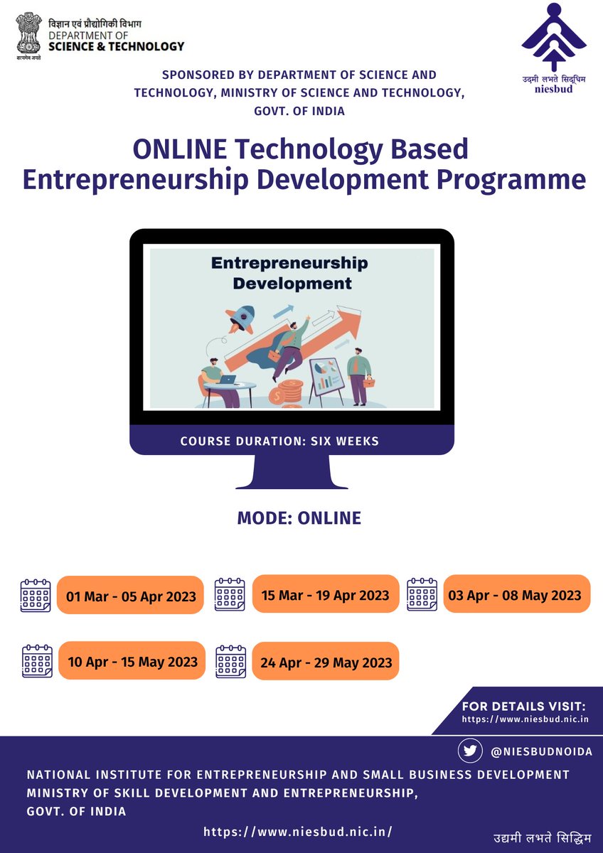 NIESBUDNOIDA's tweet image. NIESBUD is organizing Online Technology Based Entrepreneurship Development Programme (EDP) sponsored by Department of Science and Technology, Ministry of Science and Technology, Govt. of India.
#SkillIndia #NIESBUD #FacultyDevelopmentProgram #dst #Training