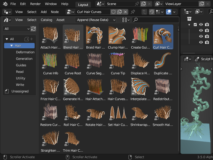 jmztn's tweet photo. Blender 3.5 Beta の直前でさらに大物が追加されました。ヘアカーブ用の各種ジオメトリノードがアセットとして、Blender に標準で組み込まれるようになりました。
複雑なジオメトリノードが多く含まれます。
今後も組み込みアセットは増えるようです。
#b3d https://t.co/ey4nf1RGff